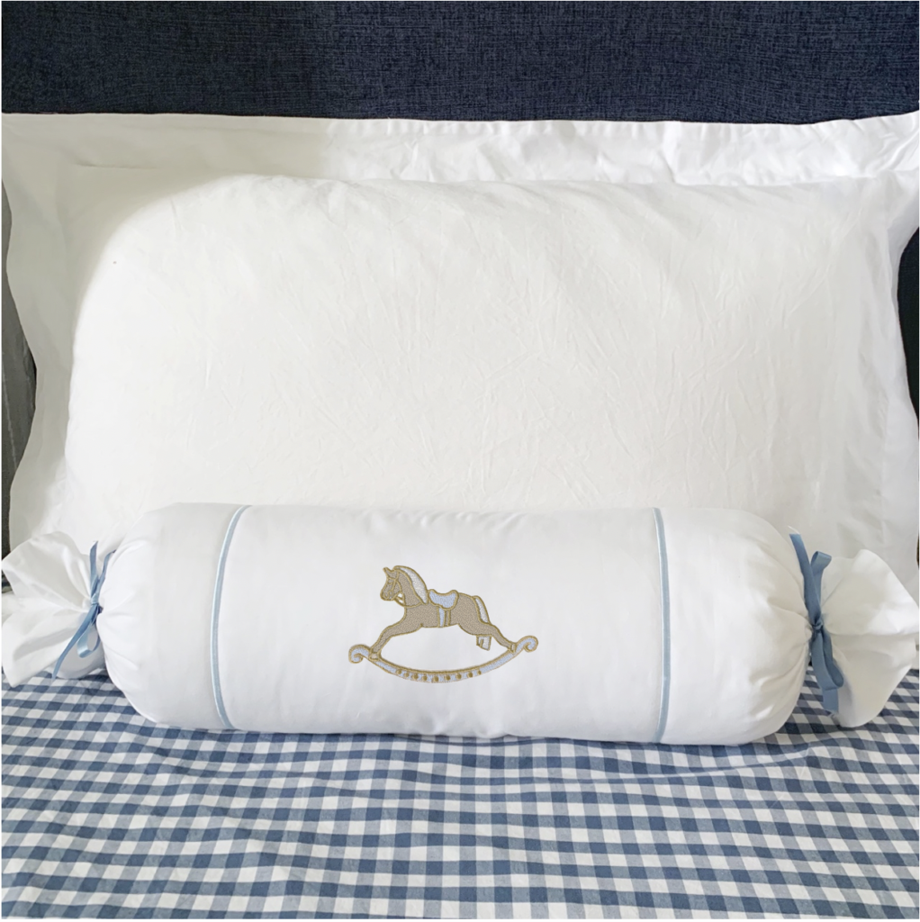 Cotton Bolster with Embroidered Art - Blue Rocking Horse