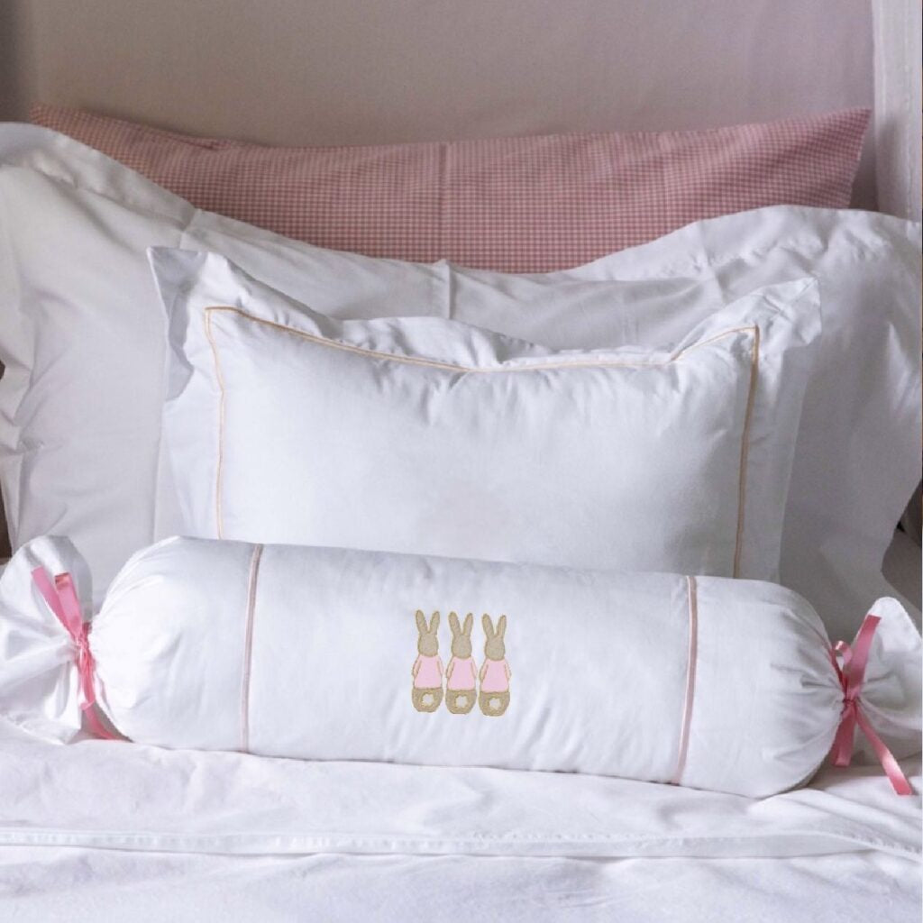 Cotton Bolster with Embroidered Art - Pink Bunnies