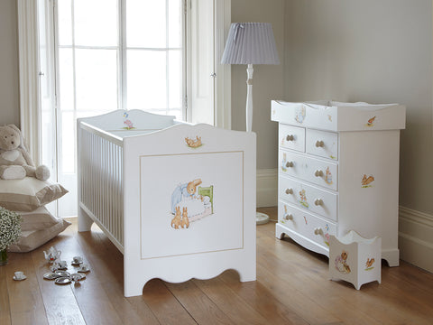 Dragons' baby crib and changing table set for nursery room with hand paintings from Beatrix Potter artwork | Dragons of Walton Street