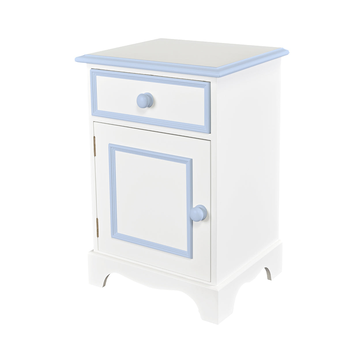 White and blue bedside table with drawer for kids room & nursery | Dragons of Walton Street