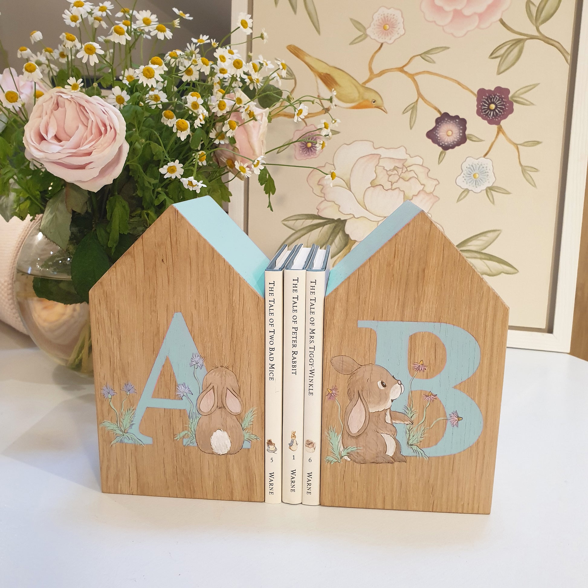 Personalised Oakhouse Bookends - Mimi and Noonoo with Blissful Blue Trim