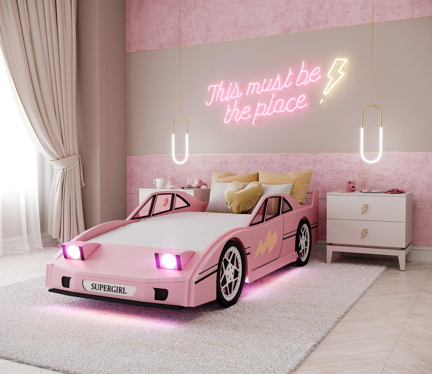 Wooden race car bed | Girl's pink racing car bed | Dragons of Walton Street