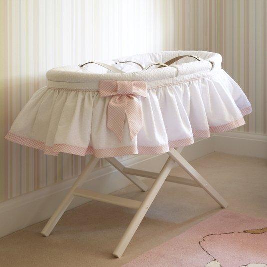 Classic elegant baby moses basket with skirt in pink | Dragons of Walton Street